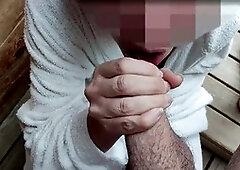 I flash my manhood in the public sauna and Miss Creamy helps me finish - getting caught adds to the thrill