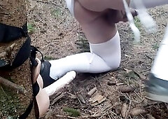 White nylons and impure forest: Sissy in suit riding tree vibrator (Anal & Cum)