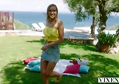 Blonde woman takes a large cock from behind by the pool on vacation