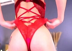 Cool brunette in stockings jerking her hard cock