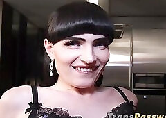 Flat chested shemale floozy services big dick like a pro