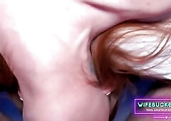 My marvelous bigtit redhead wife went on her knees to eat my penis and I exploded all over her