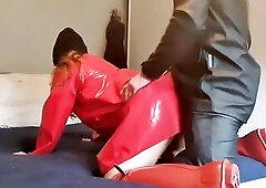 Fingering and screwing the neighbor in PVC raincoat and red rubber boots