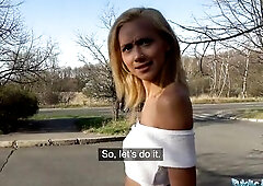 Public Agent Large wang gets blondes constricted vagina soaked in public forest screw