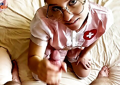 Nurse in pink miniskirt draining cock and swallowing every drop