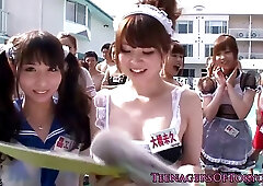 Sweet looking Asian ladies are ready for some group fun by the pool