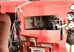 Her feeble serf is thonged to her whipping post and that guy's going to get 100 lashes of the bullwhip across his back...Naughty.