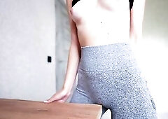 Humping Table in Taut Leggings! Gray Yoga Panties Kinky Masturbation / Rubbing Snatch Climax