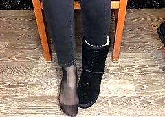 Student 18+ Girl Show Nylon Socks, Boots And Foot After Study
