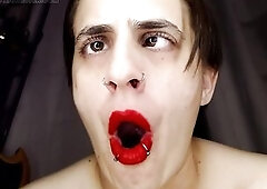 Priceless thick red lipstick. Throat open eyes often crossed.