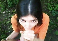 A hungry angel on a walk in the forest took a chap into the bushes so that that guy fed her with recent goo