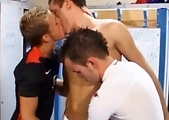 Young soccer players enjoying a wild threeway in the locker room