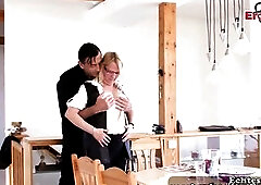 German blond aged housewife with glasses screw in kitchen