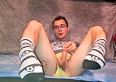 Playing with my cock after college in yellow lingerie and socks covered in cum