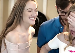 Two adorable and insatiable babes enjoy banging one kinky dude at the party