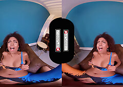 Black fantasy warrior queen in latex armor dominates POV lover in a ruined temple during a stormy night