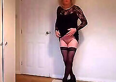 Black lace dress and hold-up stockings