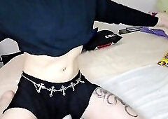 hawt pearl white skin emo trans femboy with hawt hot navel piercing and breathtaking body strokes her jock and rides a thick ebony sex toy pv