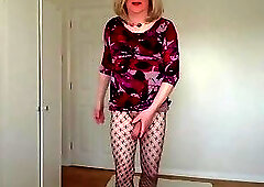 Fishnets and no panties under a purple dress