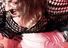 Curvy dominatrix-bitch with huge natural bazookas and giant soaked booty in taut ebony fetish latex and haunch high boots destroys her compliant wench