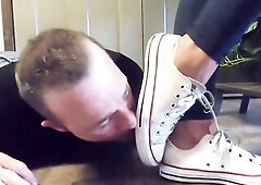 Loser is so pathetic at this point, I've got him licking the BOTTOM of my sneakers! I've made a footstool without stacking all my sneakers o
