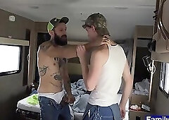 Pervy stepdad grabs twinks neck and fucks him bareback
