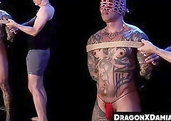 Tatted Damian Dragon was blindfolded and bounded hard for pleasure
