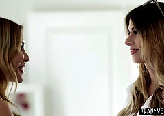 Skinny TS babe fucks her big boobed MILF shemale lover