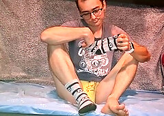 Playing with my cock after college in yellow lingerie and socks covered in cum