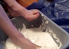 Size 7 feet covered in sticky marshmallow fluff receive a messy facial