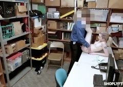 Shoplifting chick Lexi Lore gets her muff and throat punished in the back room