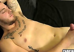 Straight amateur hunk tugging on his cock for cash