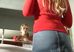 Blonde Strips Red Top and Denim Skirt to Reveal Lingerie