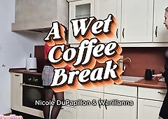 Nicole and Wanilianna are in the office kitchen taking a break when Nicoke finds some nipp pumps and tries 'em. The effect they have makes her ex