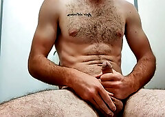 Cum on my eager feet in a public restroom