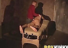 Bound slaves body is massaged and cock stroked by master