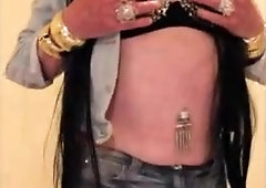 Brown-Haired cockslut in jeans micro micro-skirt and jeans footwear