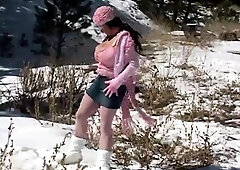 Busty curly brunette with big boobs fucks on couch