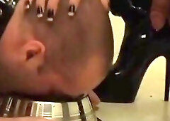 Ladyboy domina drills her slave and makes him drink piss