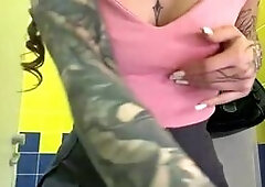 Inked Asian Hottie Flashes in Public Bathroom