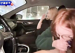 Double oral in the car previous to real sex in a public cinema