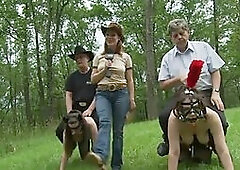 Perverted old dudes riding on big boobed BBW pony sluts outdoor