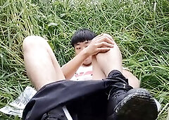 Young Chinese boy masturbating outdoors - cute twink Asian amateur