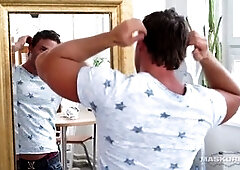 Masked muscle hunk Peter Stallion with blue eyes strokes his uncut cock
