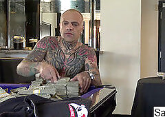 Car Jacker Sarah Jessie follows the guy to the motel room to penetrate him!