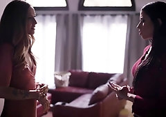 Hot lesbian seduced sexy small tits babe and licked her