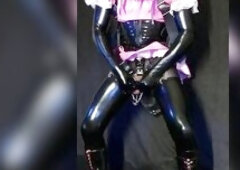 armbinder self servitude secured in suspension harness, metallic chastity with sex toy sleeve, ball spliter and parachute ..gagged beneath gasmask wit