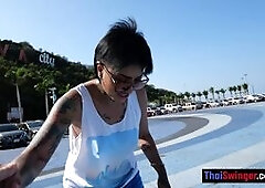 Skateboarding fail of big butt Thai MILF who fucks at home after