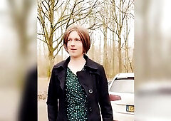 Cute sissy Annemieke wearing suit and converse sneakers. I went with my car to a public parkinglot. A stranger recorded me during the time that I walk