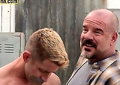 Tattooed nympho hunk seduces dirty gay studs in threesome